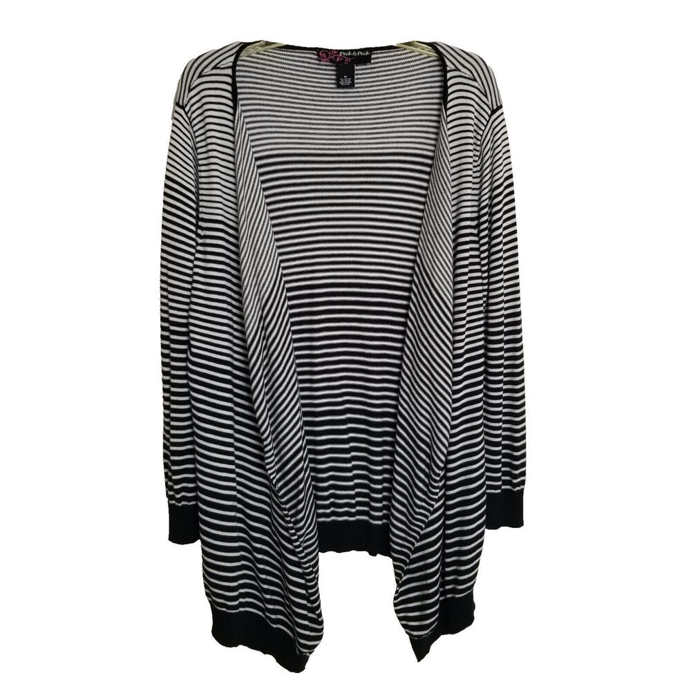 Peck & Peck Cardigan Medium Black White Striped Open Front Sweater Cotton Rayon
